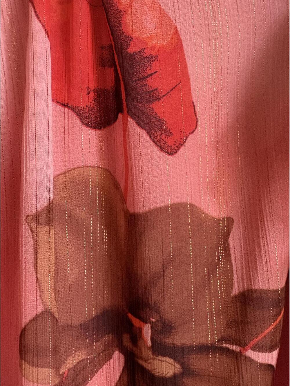 Express | Beautiful Silky Pink Red Brown Floral Gold Ruffle Cap Sleeve Blouse XL - Picture 2 of 9